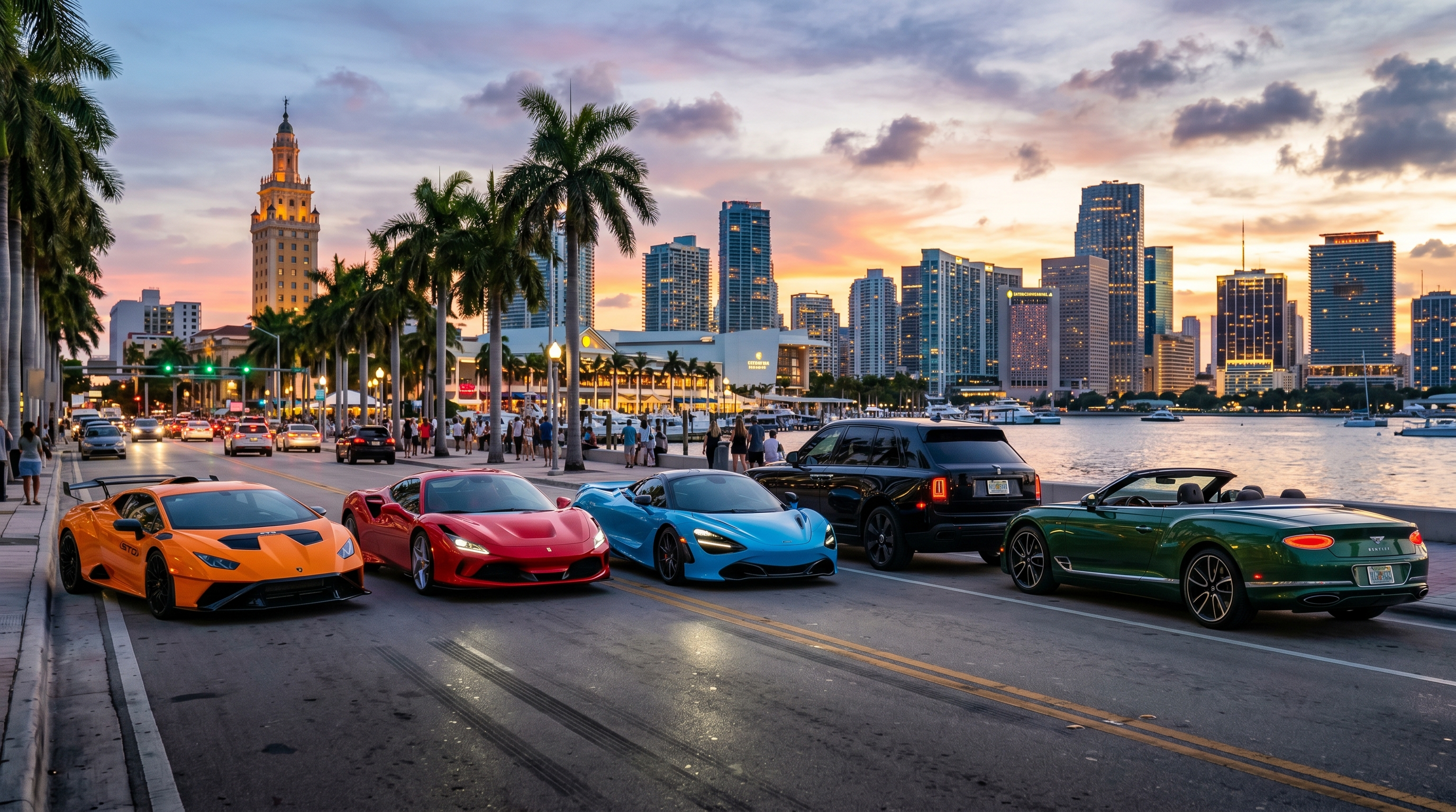 Fleet of exotic supercars lined up on Miami Biscayne Boulevard at sunset — Lamborghini Huracan, Ferrari F8, McLaren 720S, Rolls-Royce Cullinan, Bentley Continental GT side by side