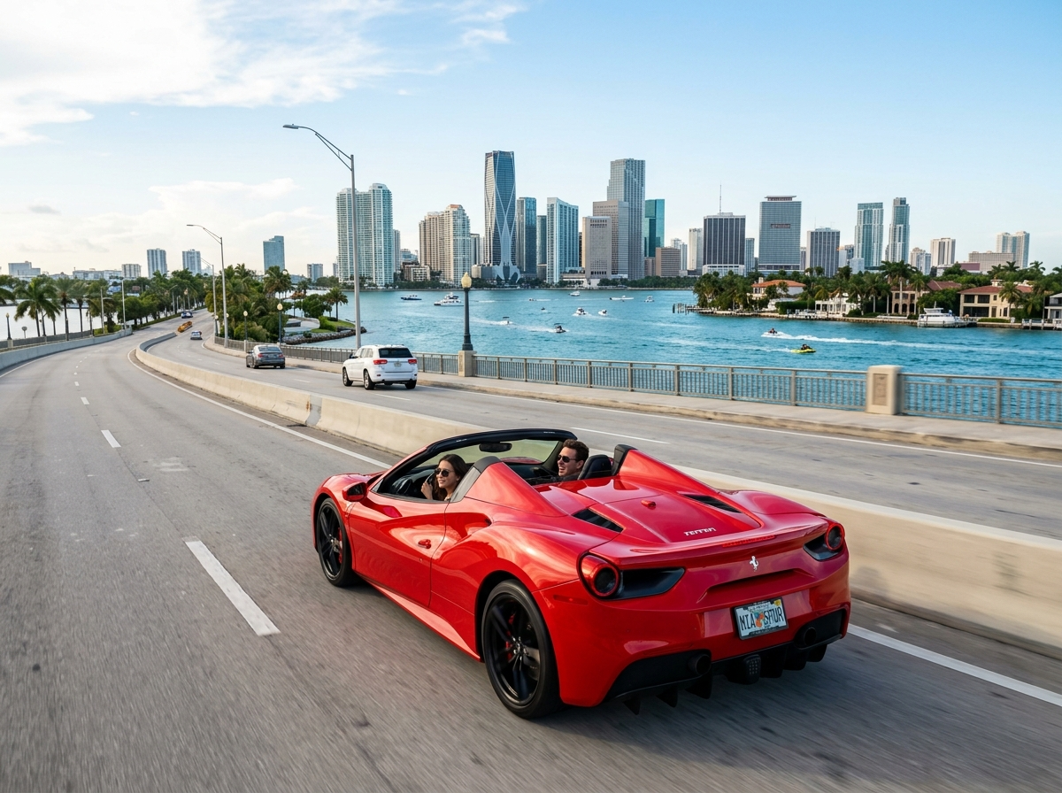 Rent Ferrari 488 Spider 2020 red in Miami — open-top Ferrari on Venetian Causeway Miami