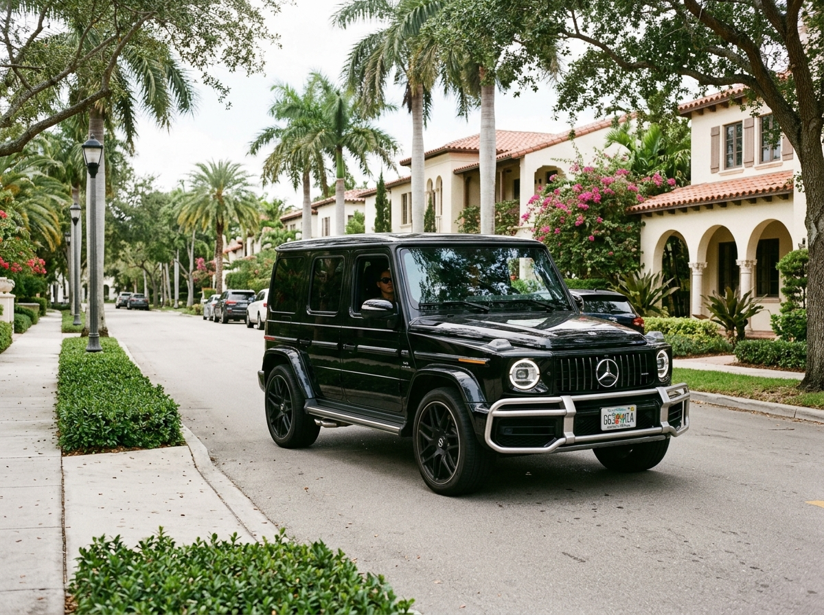 Rent Mercedes G63 AMG 2024 in Miami — black G-Wagon on Coral Gables street
