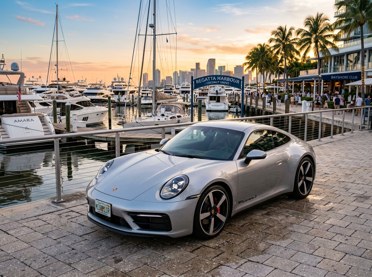 Rent Porsche 911 Carrera S 2026 in Miami — silver Porsche 911 at Coconut Grove marina