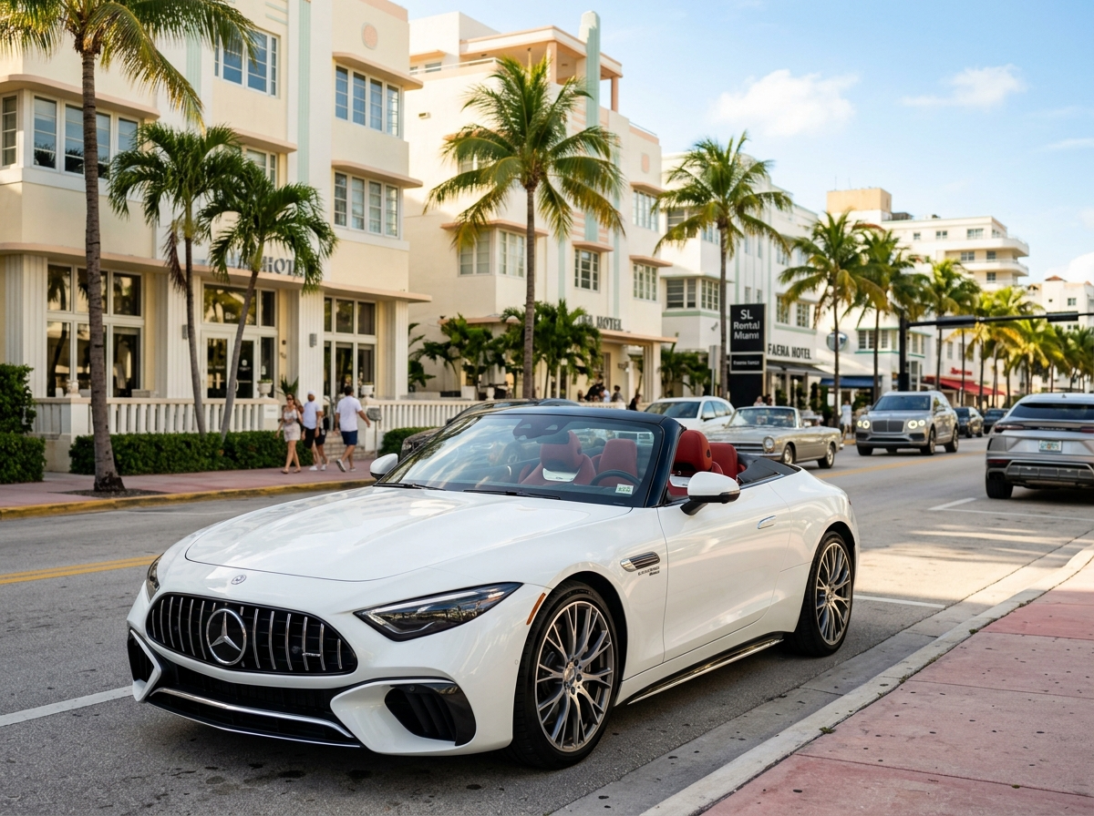 Rent Mercedes-Benz SL 2024 white convertible in Miami Beach — SL roadster on Collins Avenue
