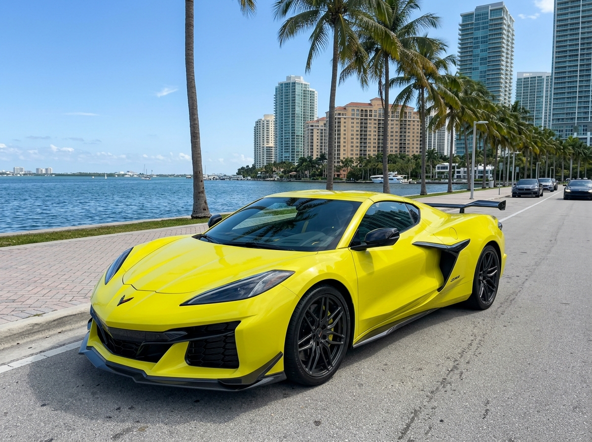 Rent Chevrolet Corvette Z06 2024 in Miami — yellow Corvette Z06 supercar on Brickell Key Drive