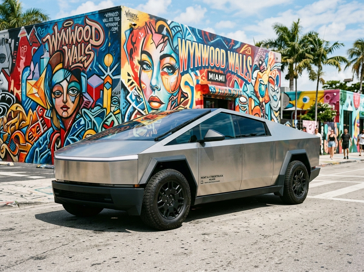 Rent Tesla Cybertruck AWD 2024 in Miami — silver Cybertruck at Wynwood Walls graffiti backdrop