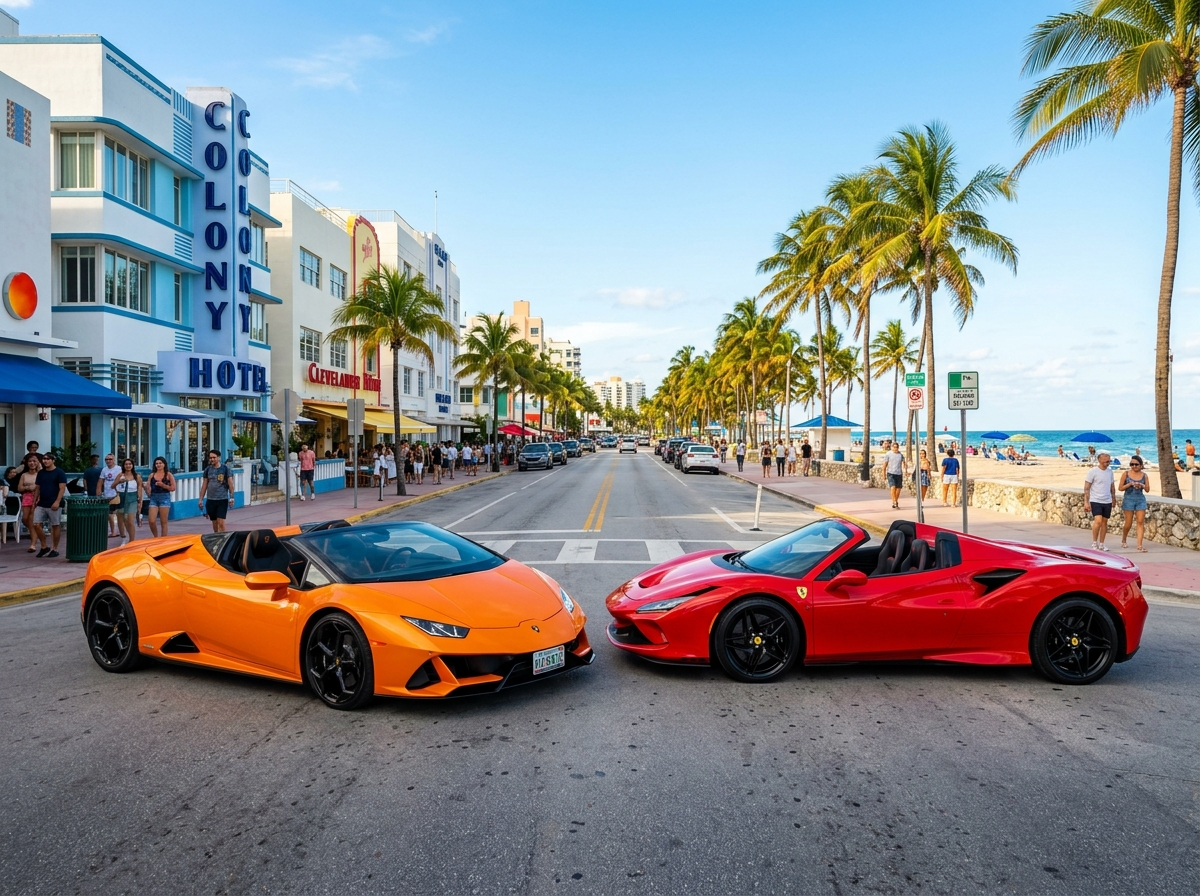 Exotic supercars Miami rental — Lamborghini Huracan and Ferrari F8 side by side on South Beach
