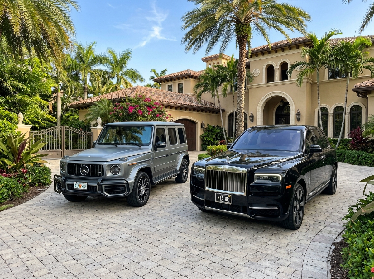 Luxury SUV rental Miami — Rolls-Royce Cullinan and Mercedes G63 in Coral Gables driveway