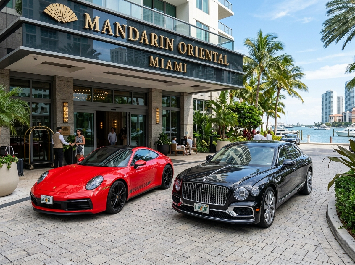 Luxury sedan rental Miami — Bentley and Porsche 911 parked at Mandarin Oriental Miami hotel