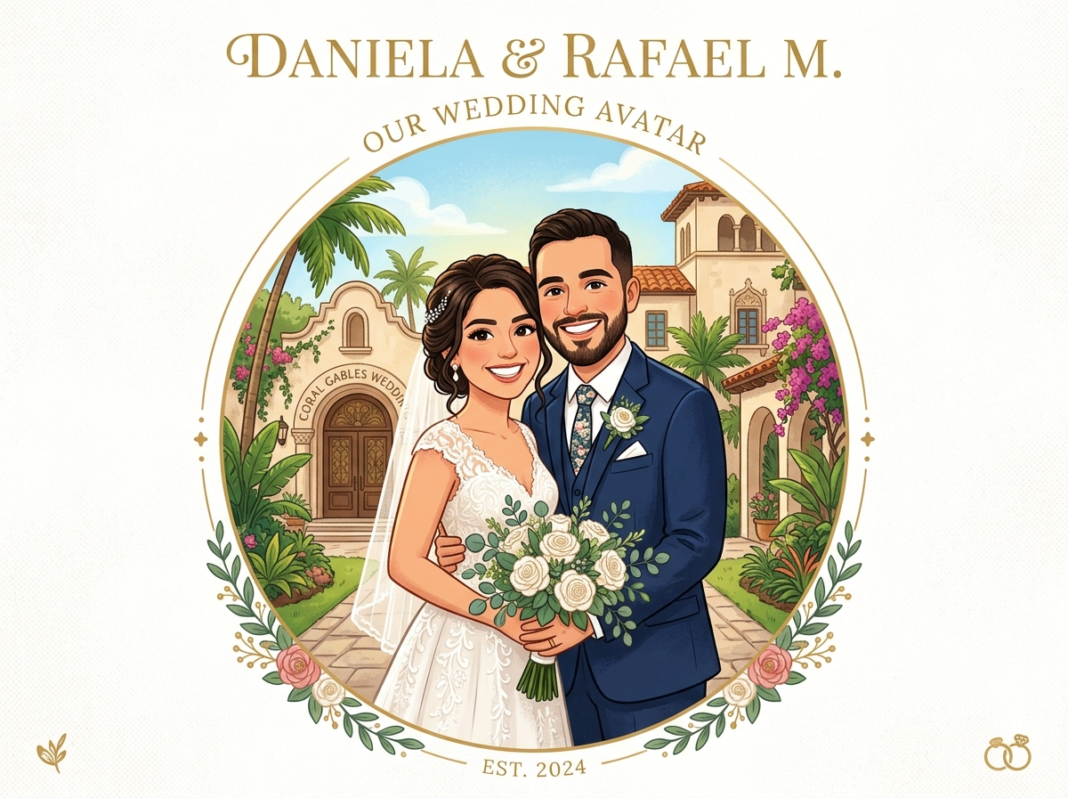 Daniela and Rafael M. wedding couple avatar — smiling couple outside Coral Gables venue