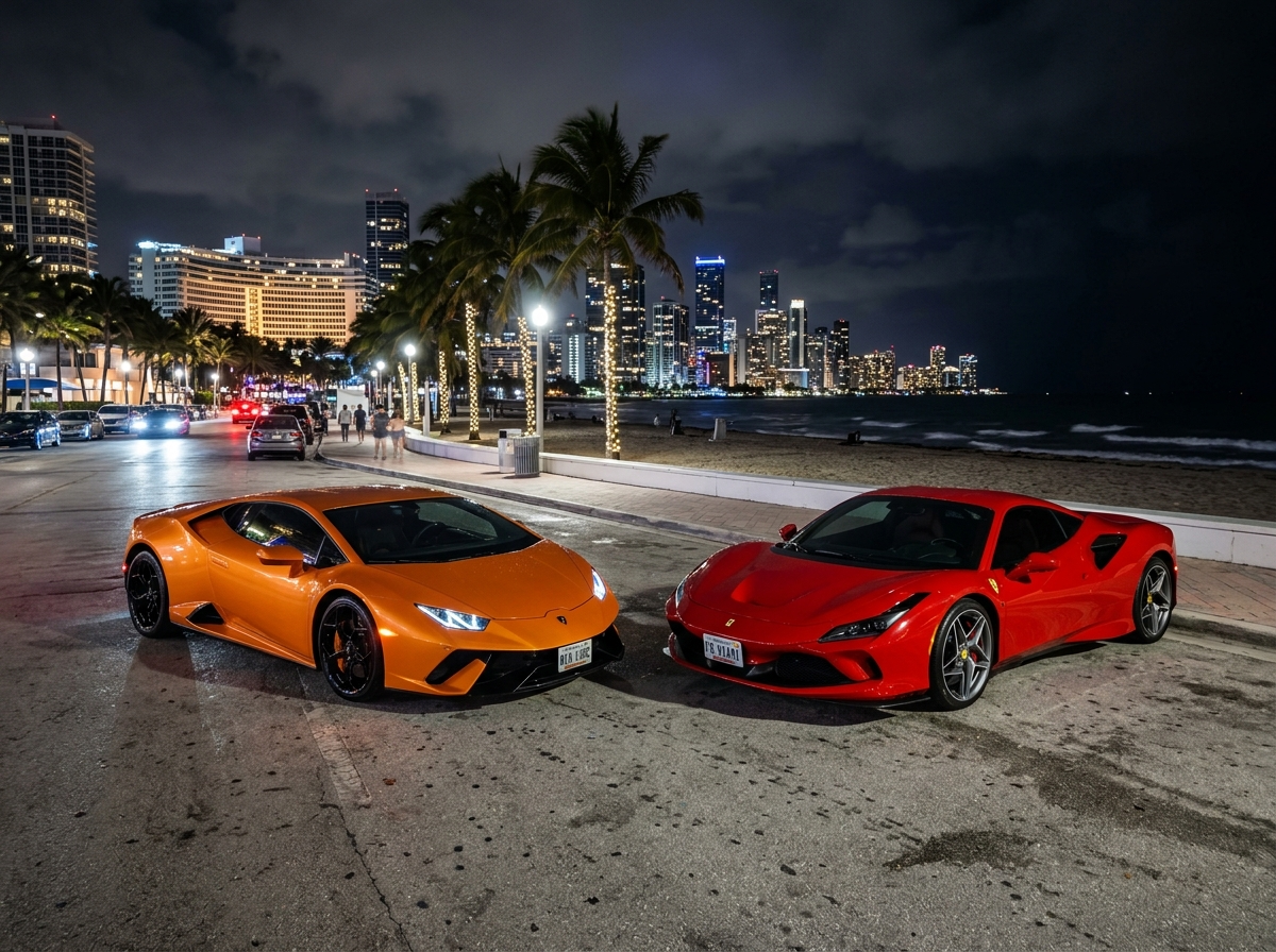 Lamborghini Huracan and Ferrari F8 parked side by side on Miami Beach at night with city lights